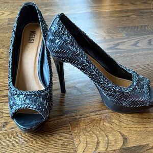 Kelsi Dagger Black Woven Peep-Toe Stiletto Heels